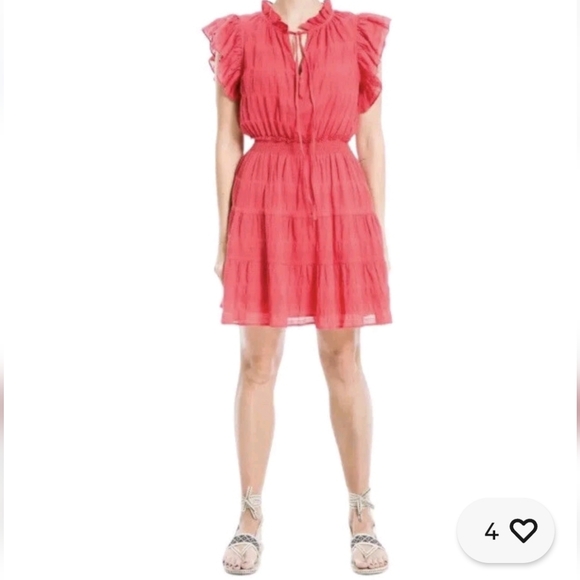 NWT Max Studio Ruffle Sleeve Tie Neck Cotton Lined Mini Dress Sz M - Picture 7 of 7
